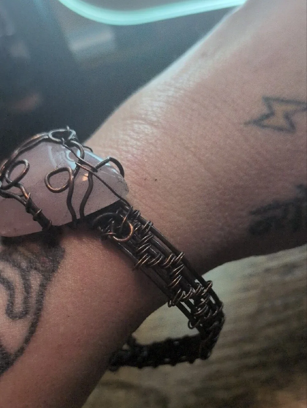 Handcrafted Rose Quartz Wire-Wrap Bracelet - Pink